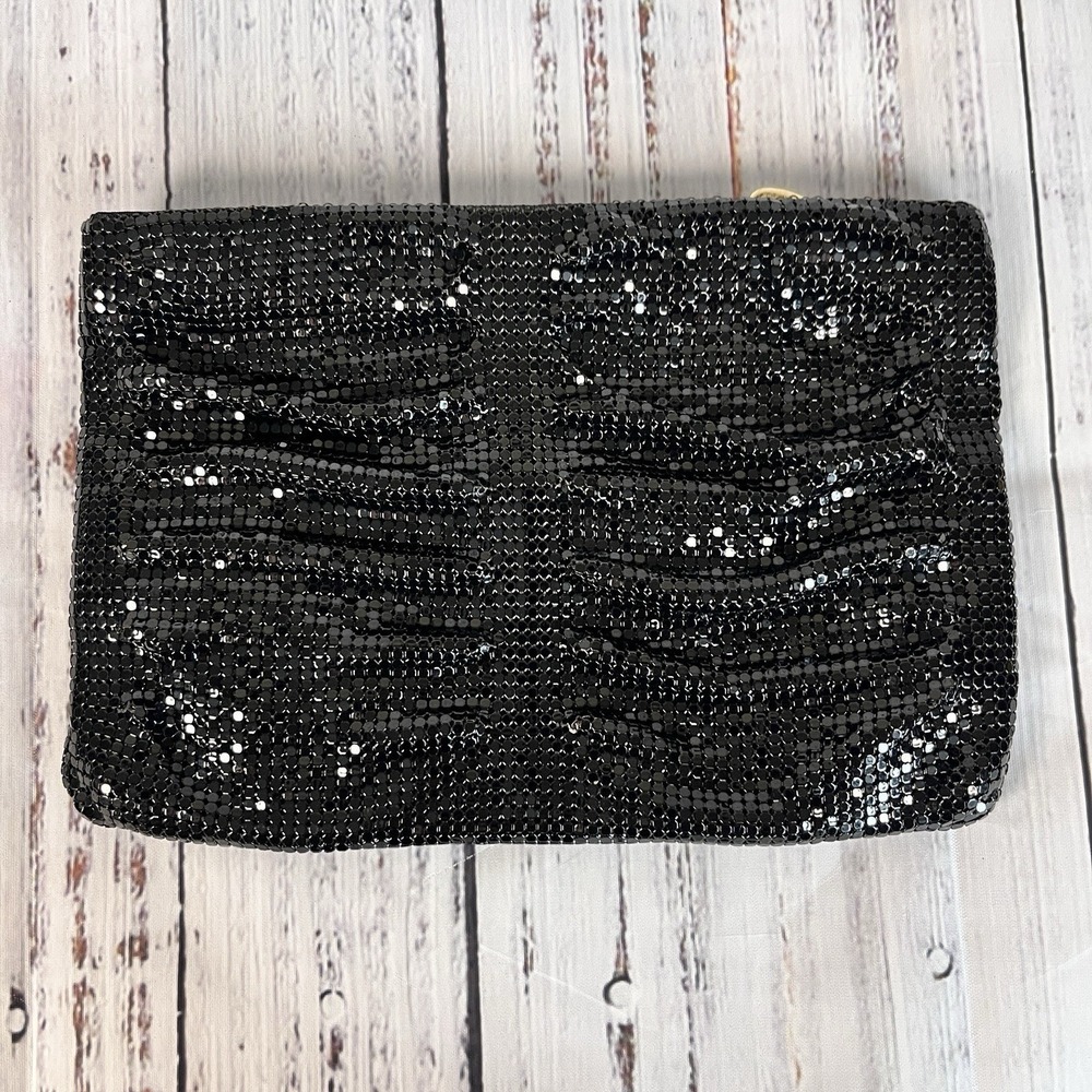 Vtg Whiting and Davis Black Metal Mesh Clutch Purse Swooshy Evening Flapper USA